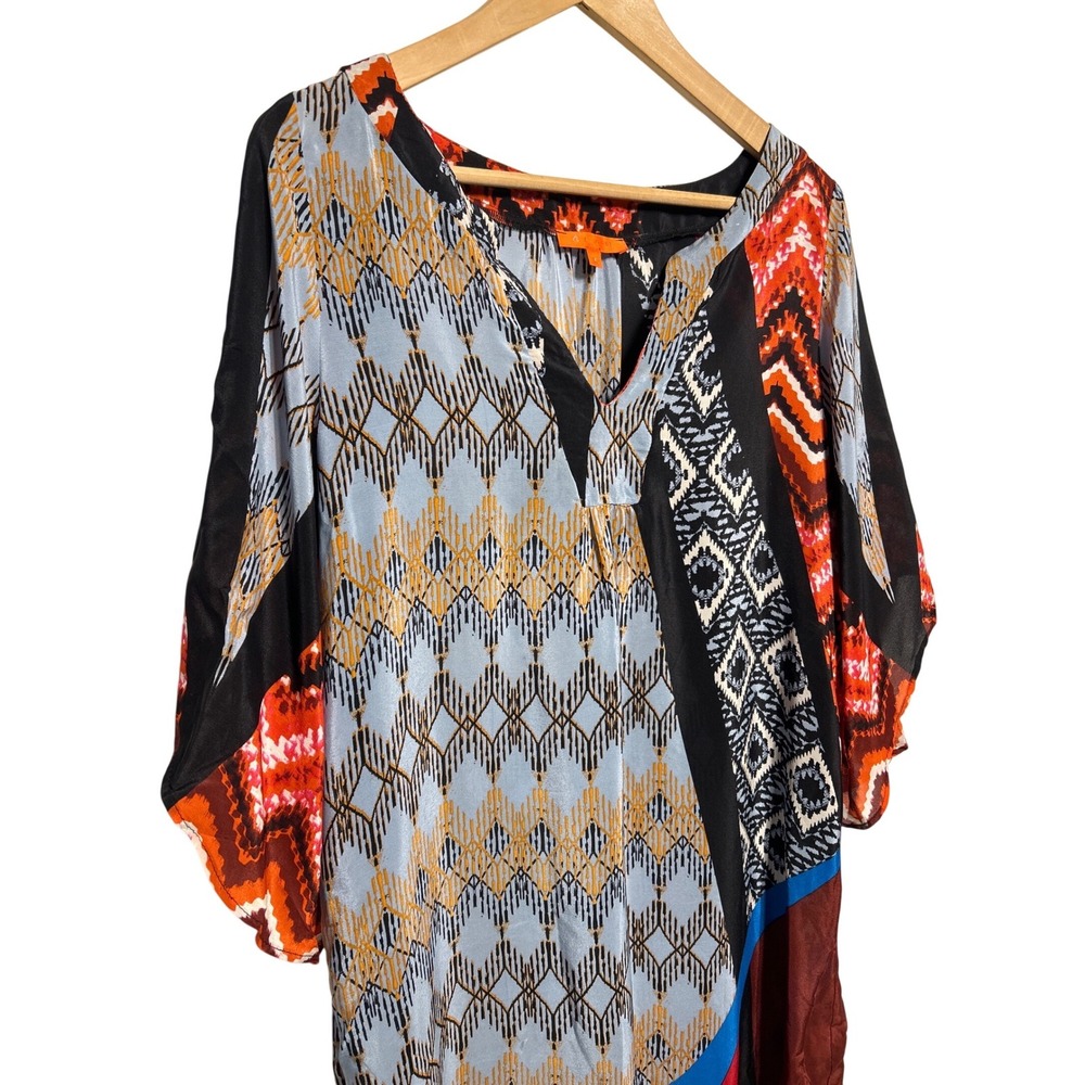 G L A M 100% Silk Womens Multi Color Geometric Print V Neck Kaftan Tunic Top M